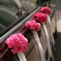 Różowa hortensja i białe wstążki jako ozdoby auta