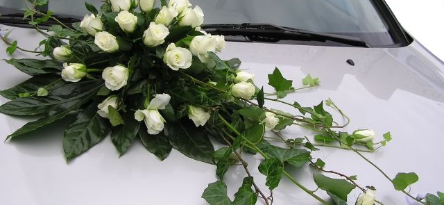Róże i bluszcz na ślubnej limuzynie